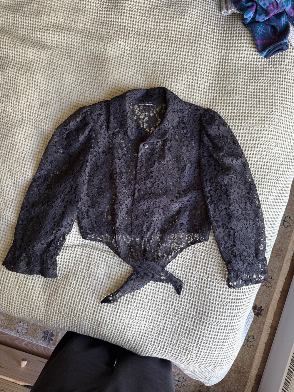 Vintage Black Floral Lace Tie-Front Blouse